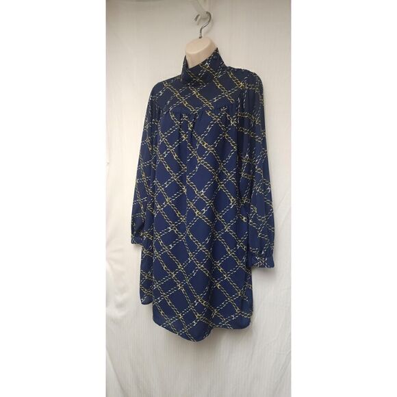 WHO WHAT WHERE Blue/Gold Chain Print Long Sleeve High Collar Dress Size XS - Picture 6 of 10